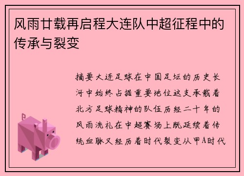 风雨廿载再启程大连队中超征程中的传承与裂变
