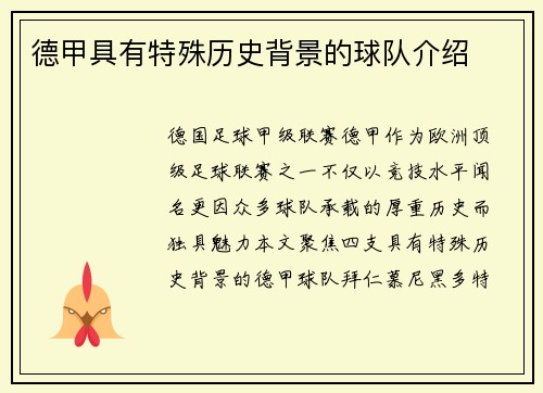 德甲具有特殊历史背景的球队介绍